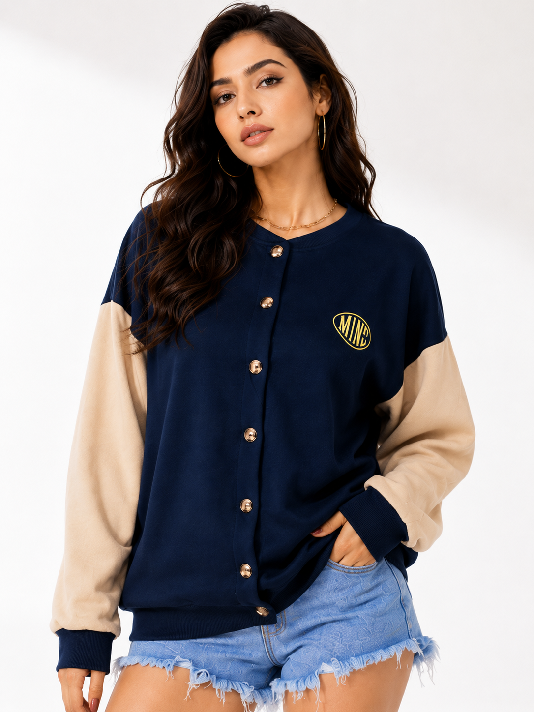 Women Button Closure Printed Sweatshirt