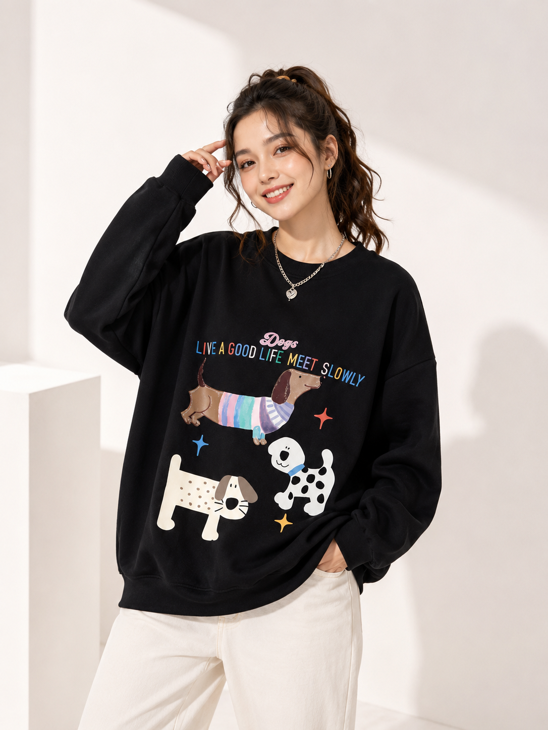 Women Crew Neck Dog Love Graphic Printed Sweatshirt