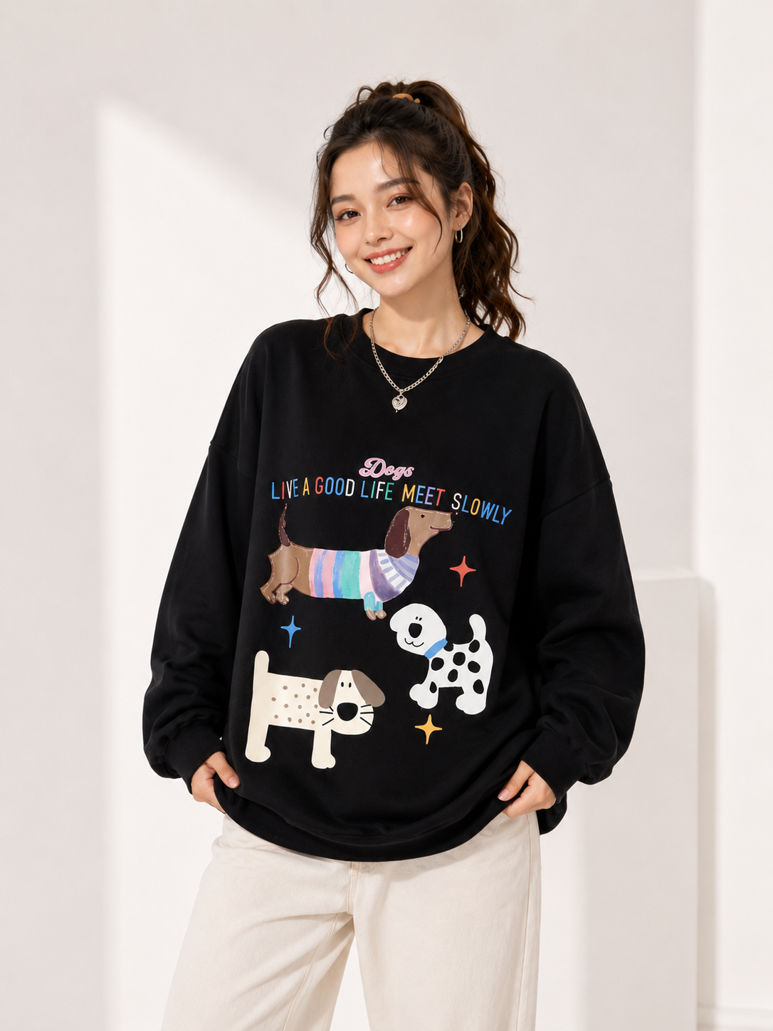 Women Crew Neck Dog Love Graphic Printed Sweatshirt