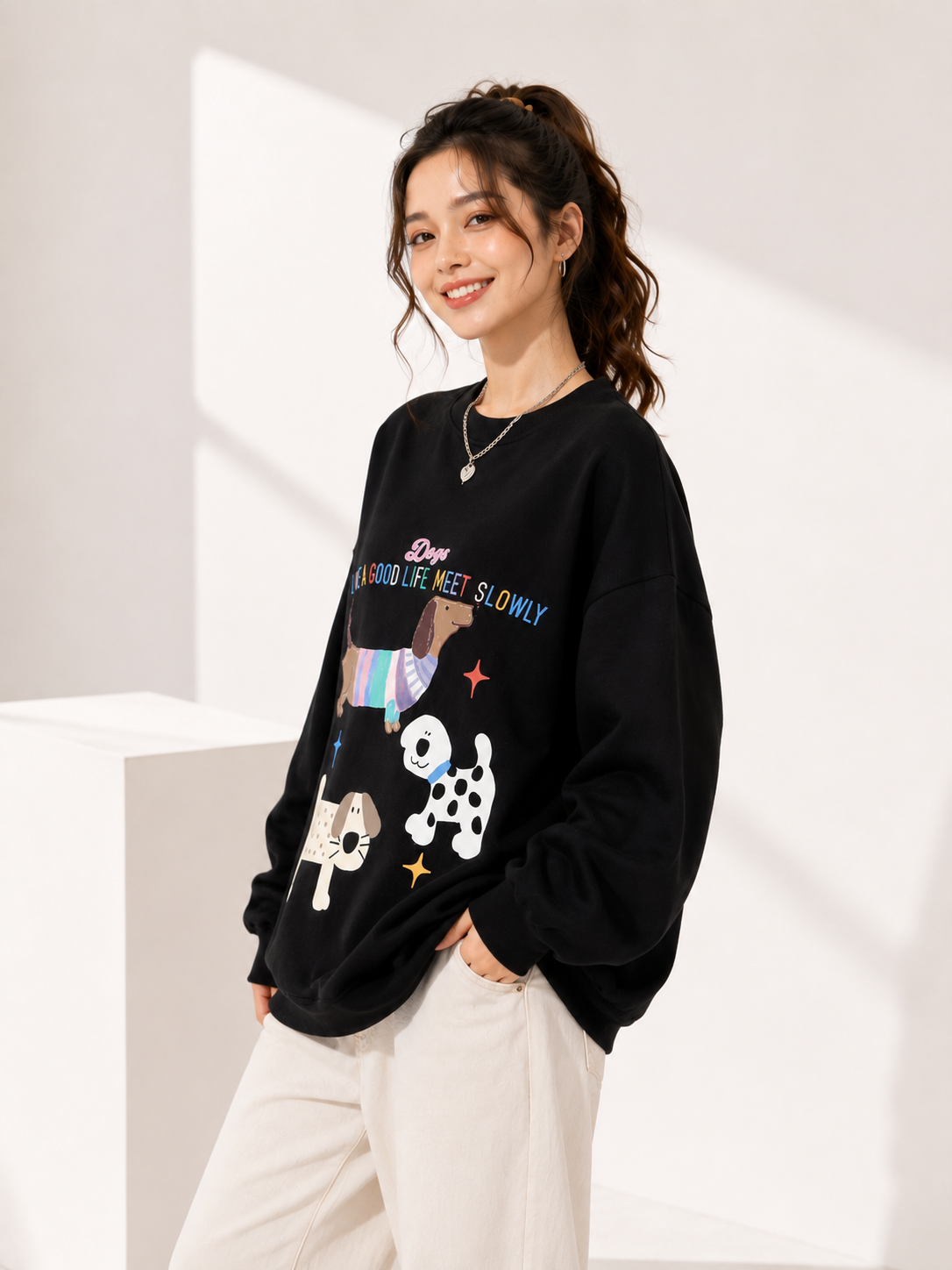 Women Crew Neck Dog Love Graphic Printed Sweatshirt