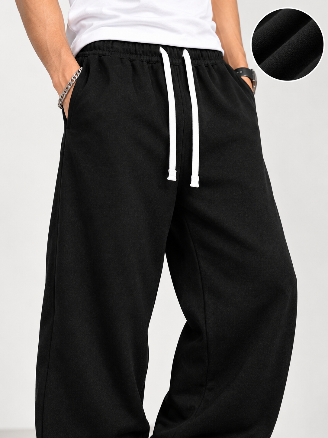 Men Black Oversized Wide-Leg Relaxed Fit Drawstring Jogger Sweatpants