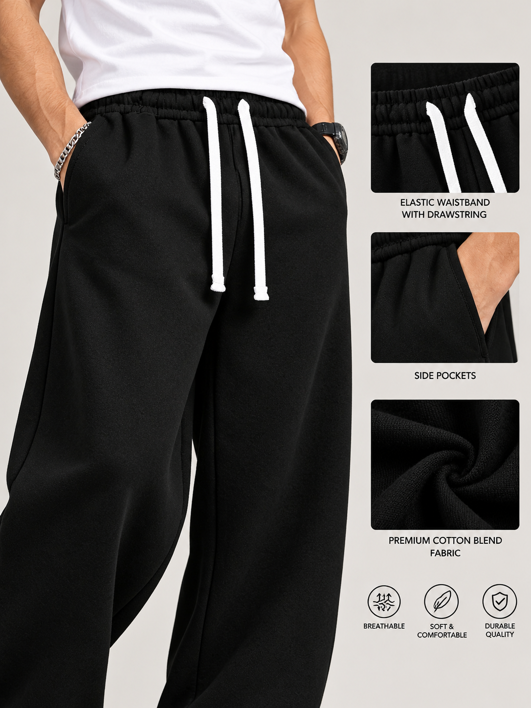 Men Black Oversized Wide-Leg Relaxed Fit Drawstring Jogger Sweatpants