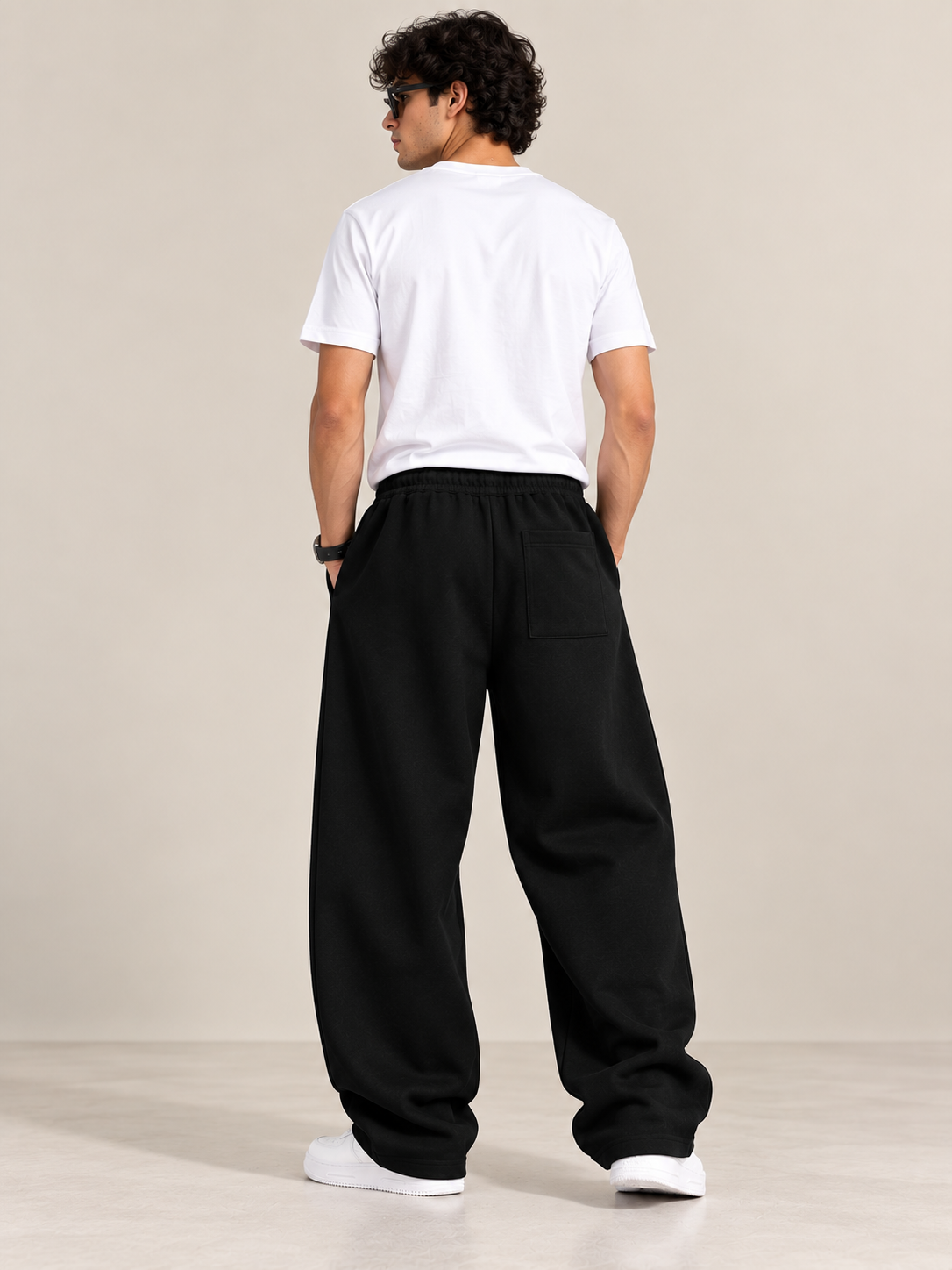 Men Black Oversized Wide-Leg Relaxed Fit Drawstring Jogger Sweatpants