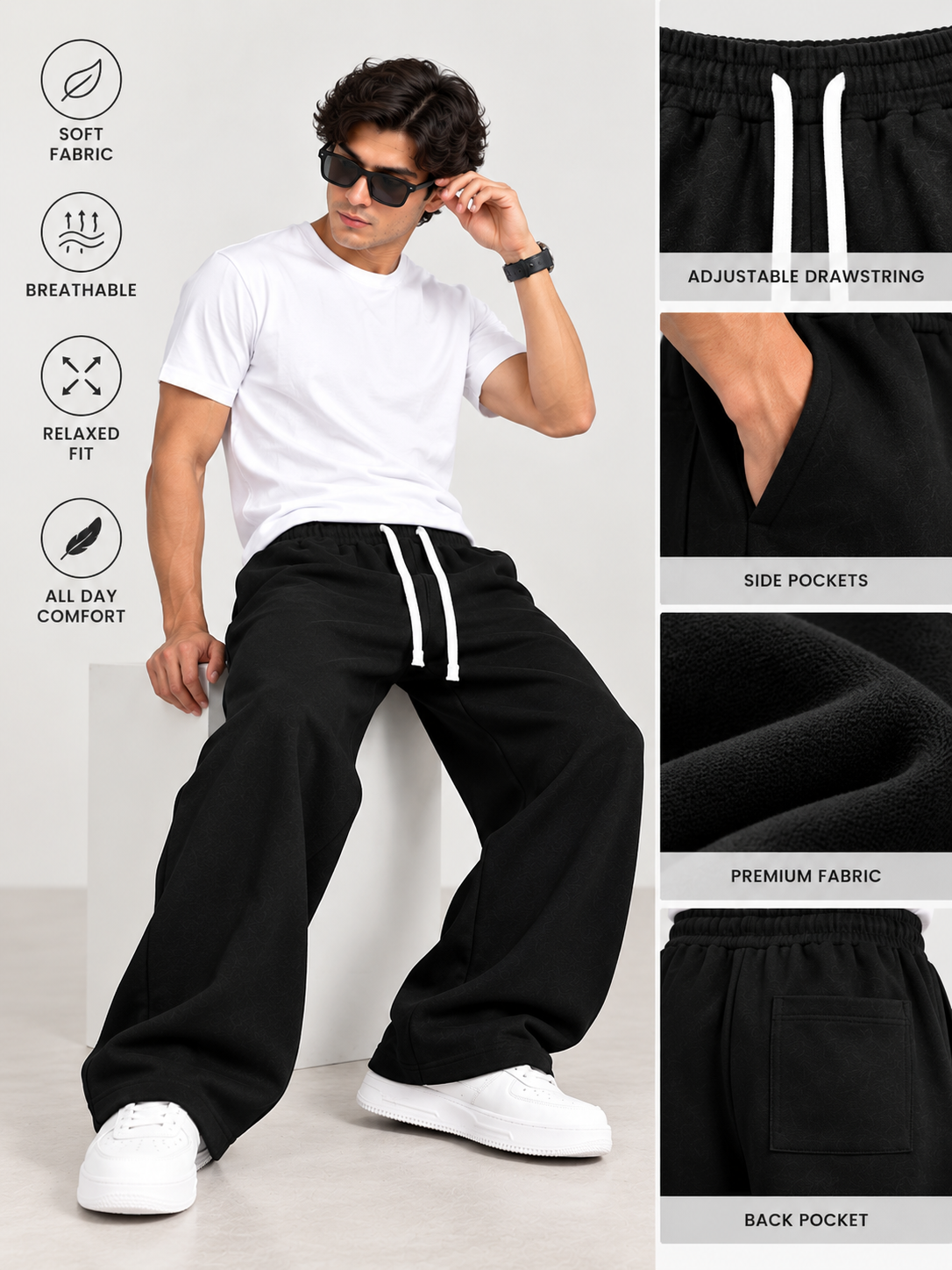 Men Black Oversized Wide-Leg Relaxed Fit Drawstring Jogger Sweatpants