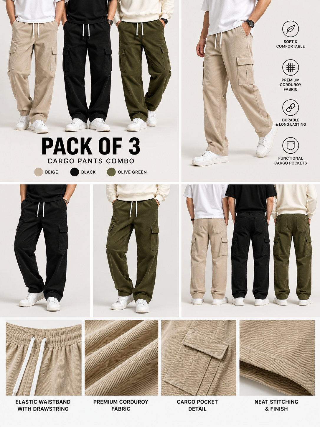 Men Pack of 3 Relaxed Fit Corduroy Cargo Pants with Drawstring Waist & Utility Pockets – Beige, Black & Olive Green