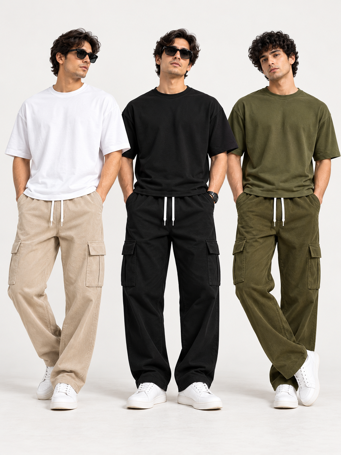 Men Pack of 3 Relaxed Fit Corduroy Cargo Pants with Drawstring Waist & Utility Pockets – Beige, Black & Olive Green