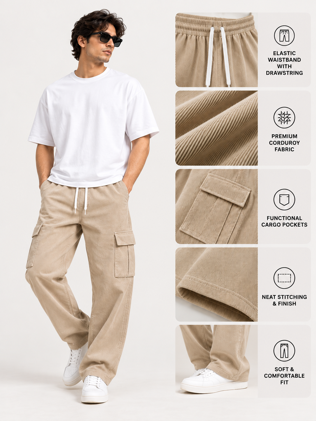 Men Pack of 3 Relaxed Fit Corduroy Cargo Pants with Drawstring Waist & Utility Pockets – Beige, Black & Olive Green