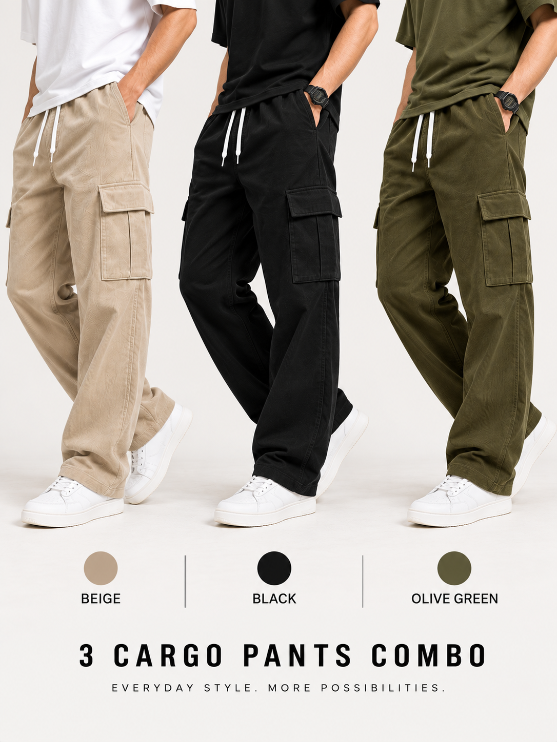Men Pack of 3 Relaxed Fit Corduroy Cargo Pants with Drawstring Waist & Utility Pockets – Beige, Black & Olive Green