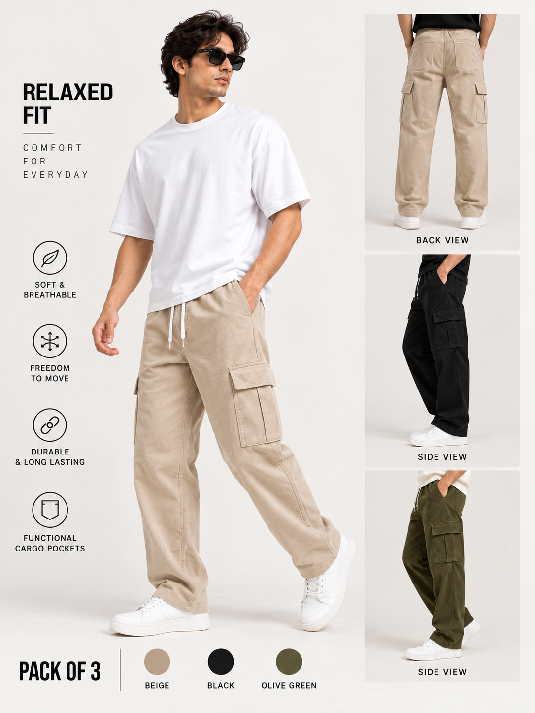 Men Pack of 3 Relaxed Fit Corduroy Cargo Pants with Drawstring Waist & Utility Pockets – Beige, Black & Olive Green