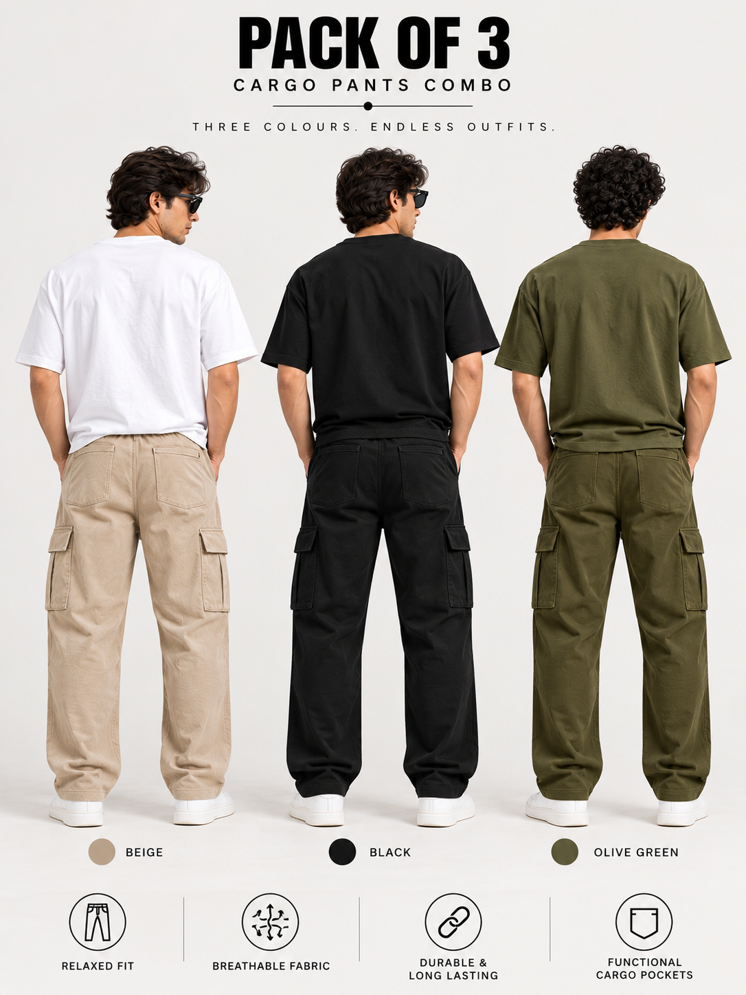 Men Pack of 3 Relaxed Fit Corduroy Cargo Pants with Drawstring Waist & Utility Pockets – Beige, Black & Olive Green