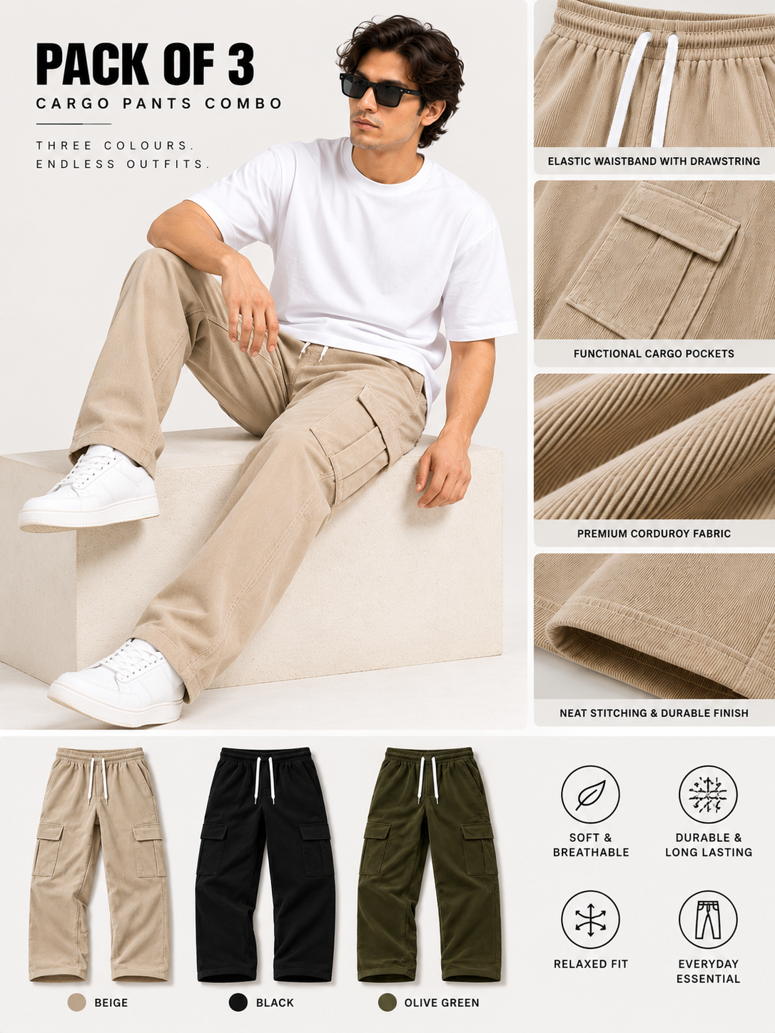 Men Pack of 3 Relaxed Fit Corduroy Cargo Pants with Drawstring Waist & Utility Pockets – Beige, Black & Olive Green