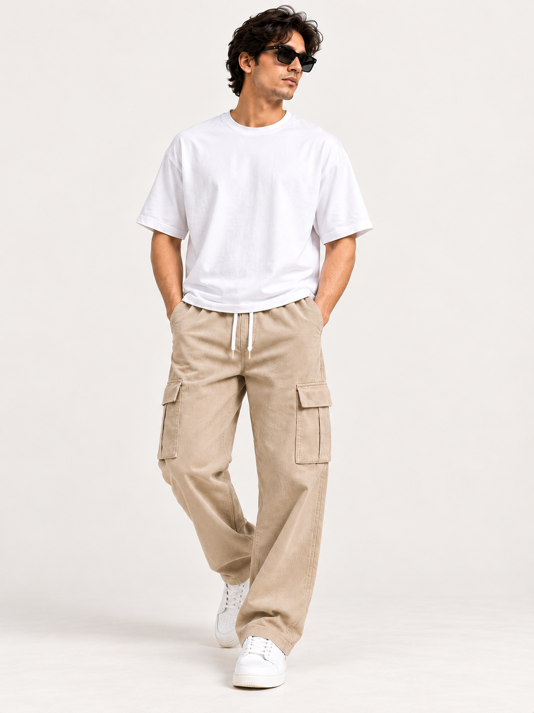 Men Beige Relaxed Fit Corduroy Cargo Pants with Drawstring Waist & Utility Pockets