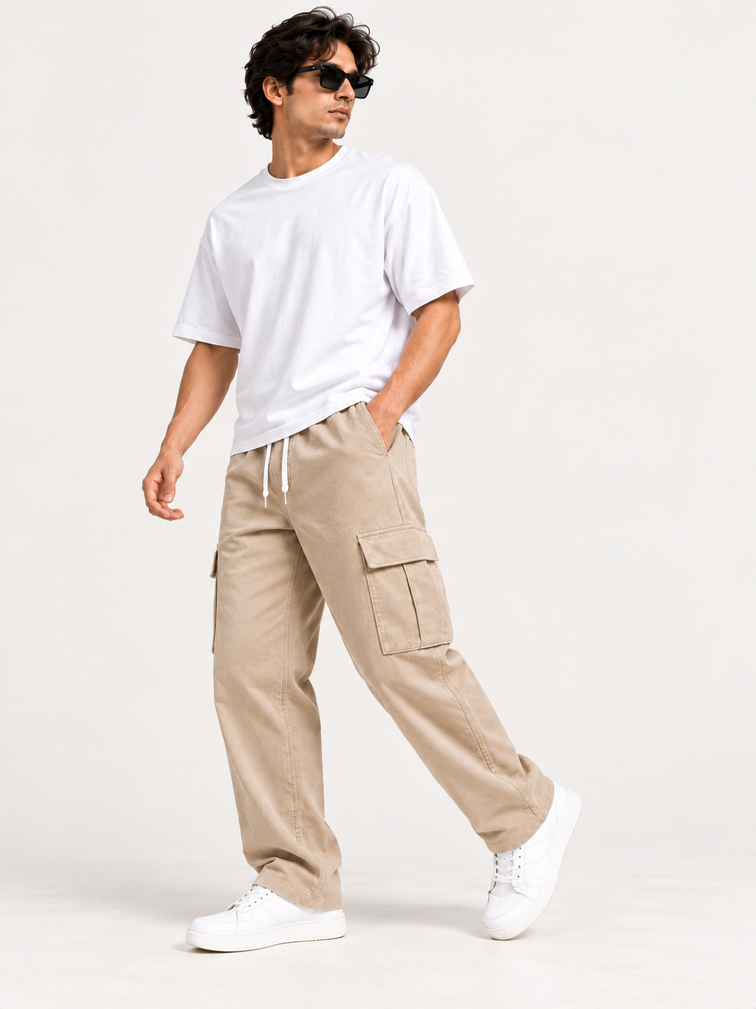 Men Beige Relaxed Fit Corduroy Cargo Pants with Drawstring Waist & Utility Pockets