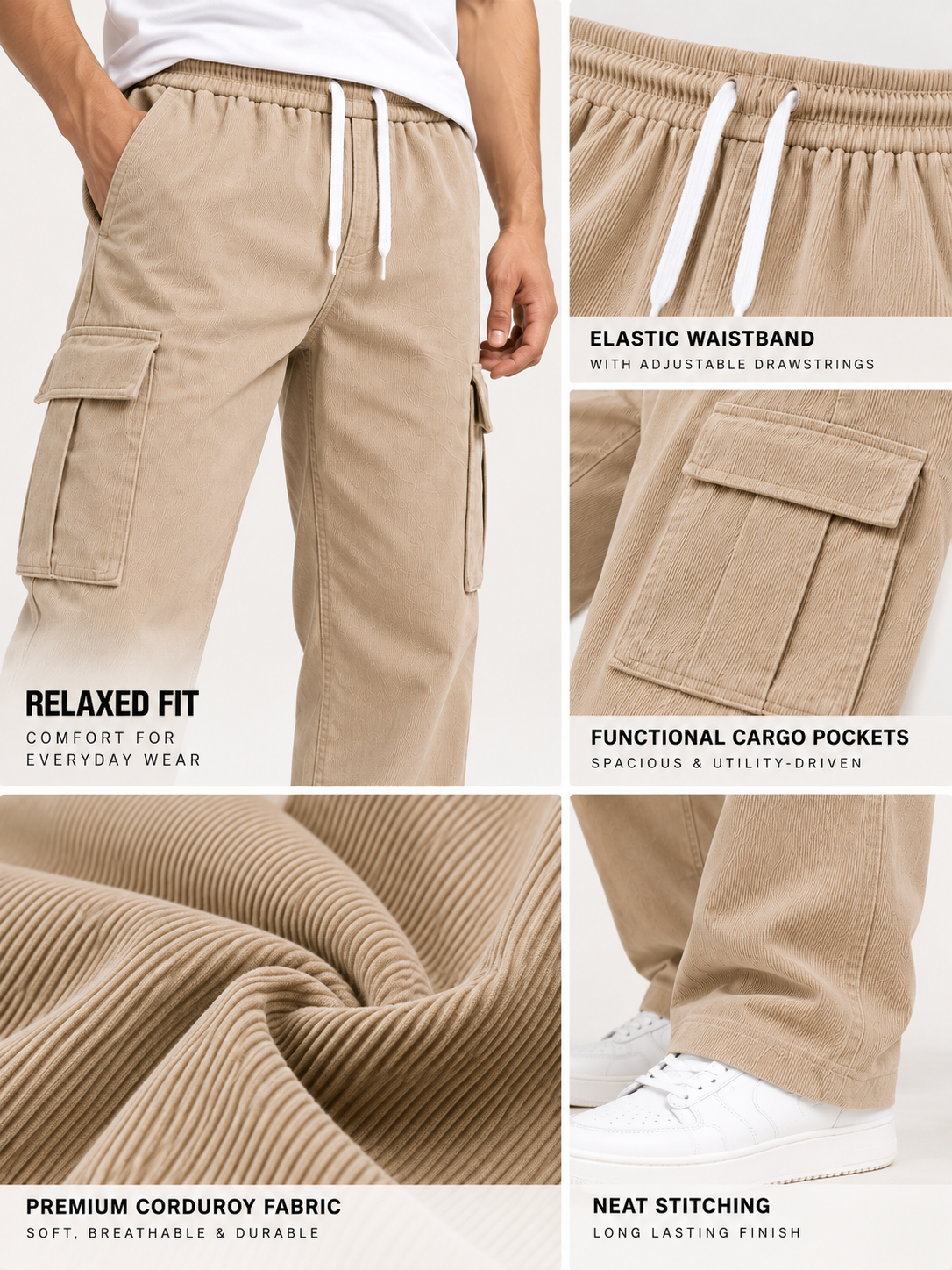Men Beige Relaxed Fit Corduroy Cargo Pants with Drawstring Waist & Utility Pockets