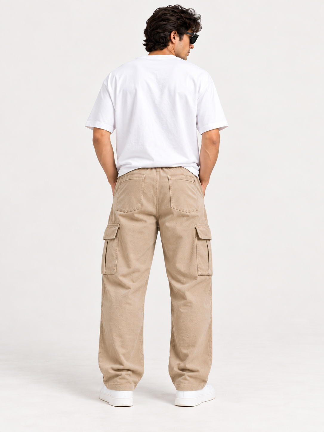 Men Beige Relaxed Fit Corduroy Cargo Pants with Drawstring Waist & Utility Pockets
