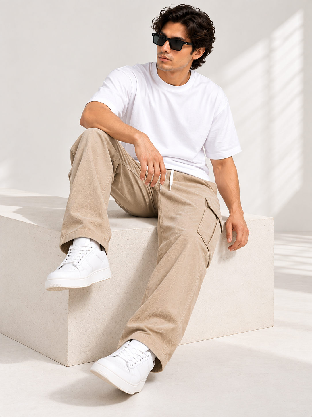 Men Beige Relaxed Fit Corduroy Cargo Pants with Drawstring Waist & Utility Pockets