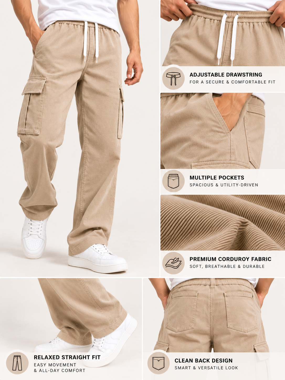 Men Beige Relaxed Fit Corduroy Cargo Pants with Drawstring Waist & Utility Pockets
