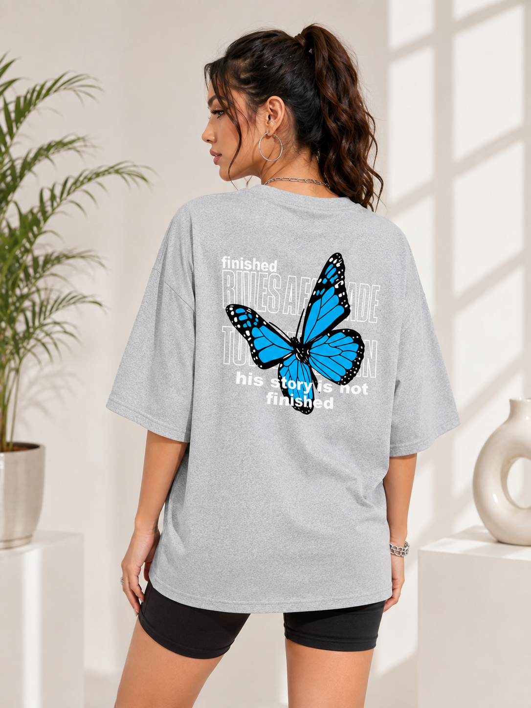 Women Grey Melange Back  Printed Relaxed fit Cotton T-Shirt