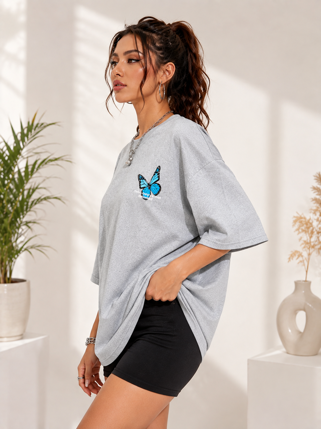 Women Grey Melange Back  Printed Relaxed fit Cotton T-Shirt