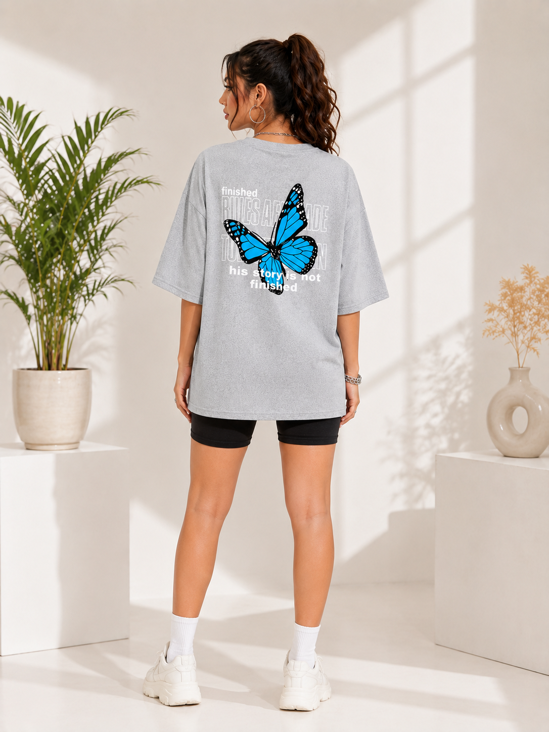 Women Grey Melange Back  Printed Relaxed fit Cotton T-Shirt