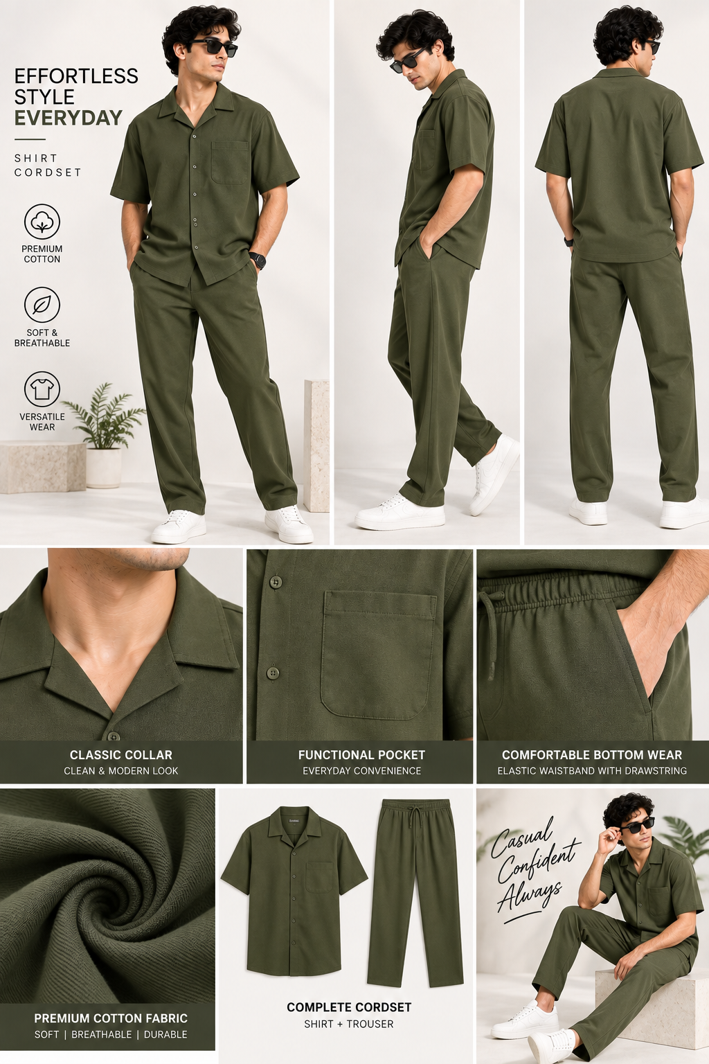 Men Olive Green Cotton Casual Co-Ord Set