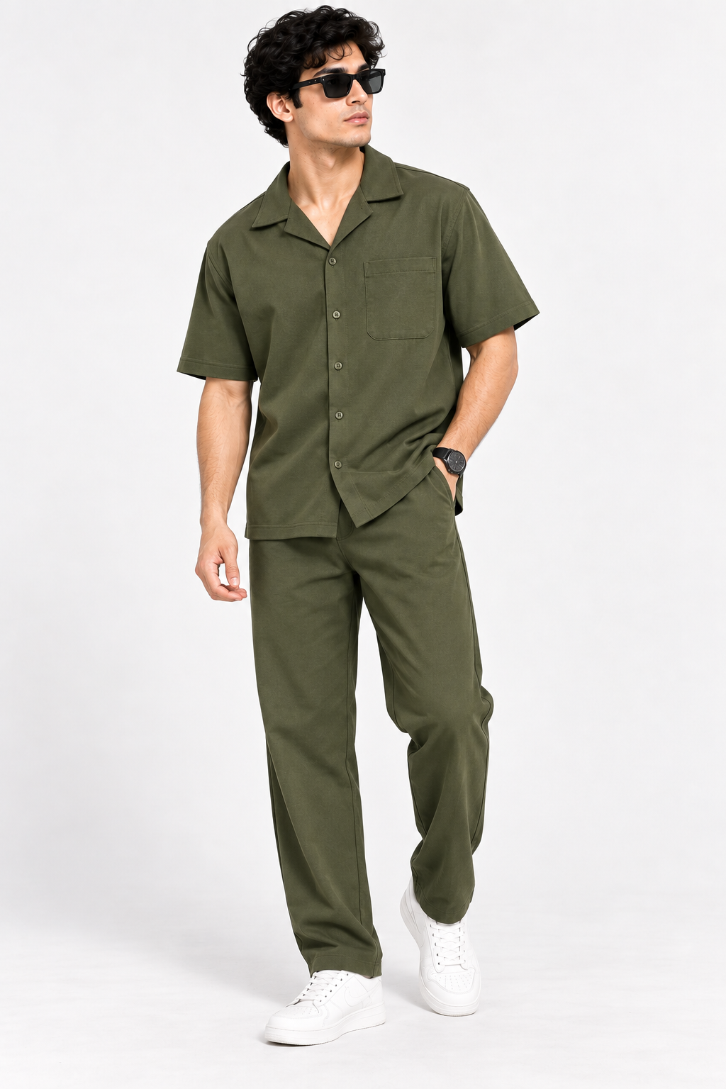Men Olive Green Cotton Casual Co-Ord Set