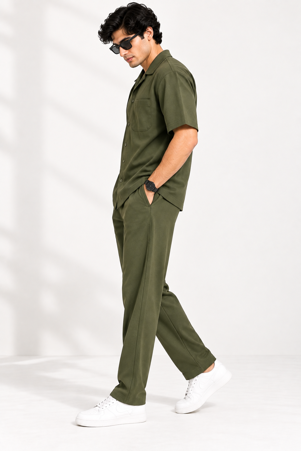Men Olive Green Cotton Casual Co-Ord Set