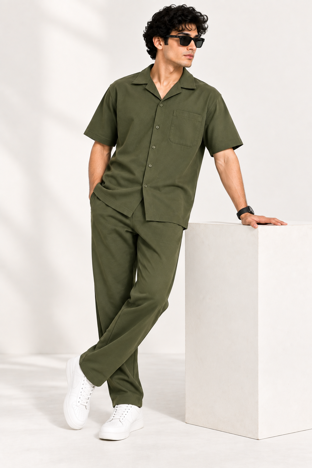 Men Olive Green Cotton Casual Co-Ord Set