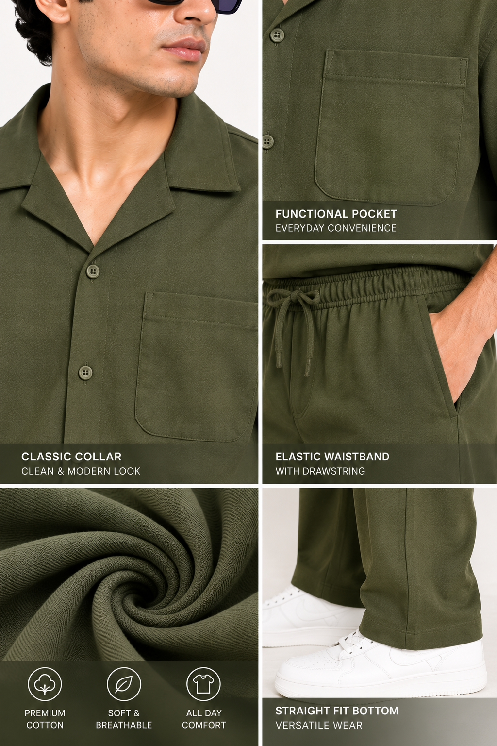 Men Olive Green Cotton Casual Co-Ord Set