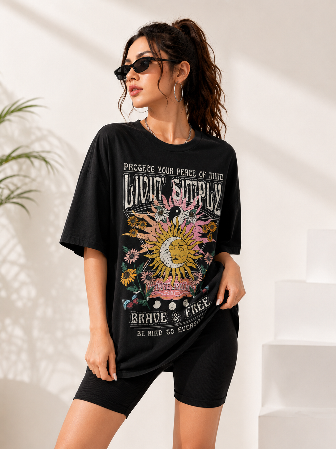 Women Black  Relaxed fit Printed Cotton T-Shirt