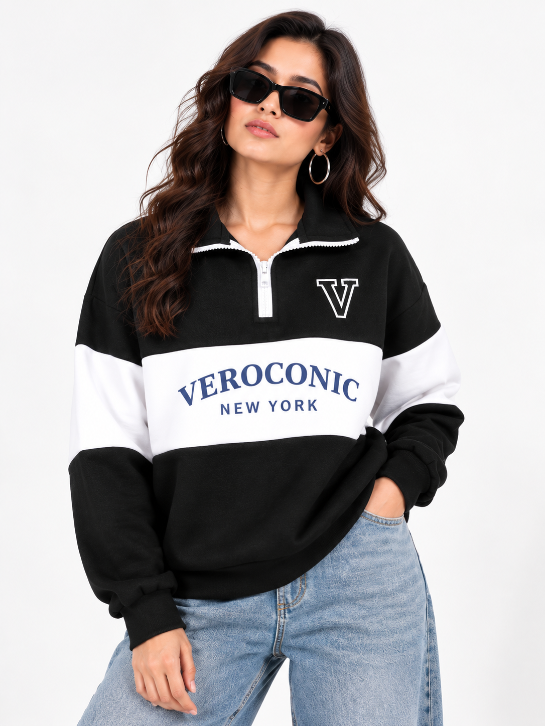 Women Collared Neck Zipper Printed Sweatshirt
