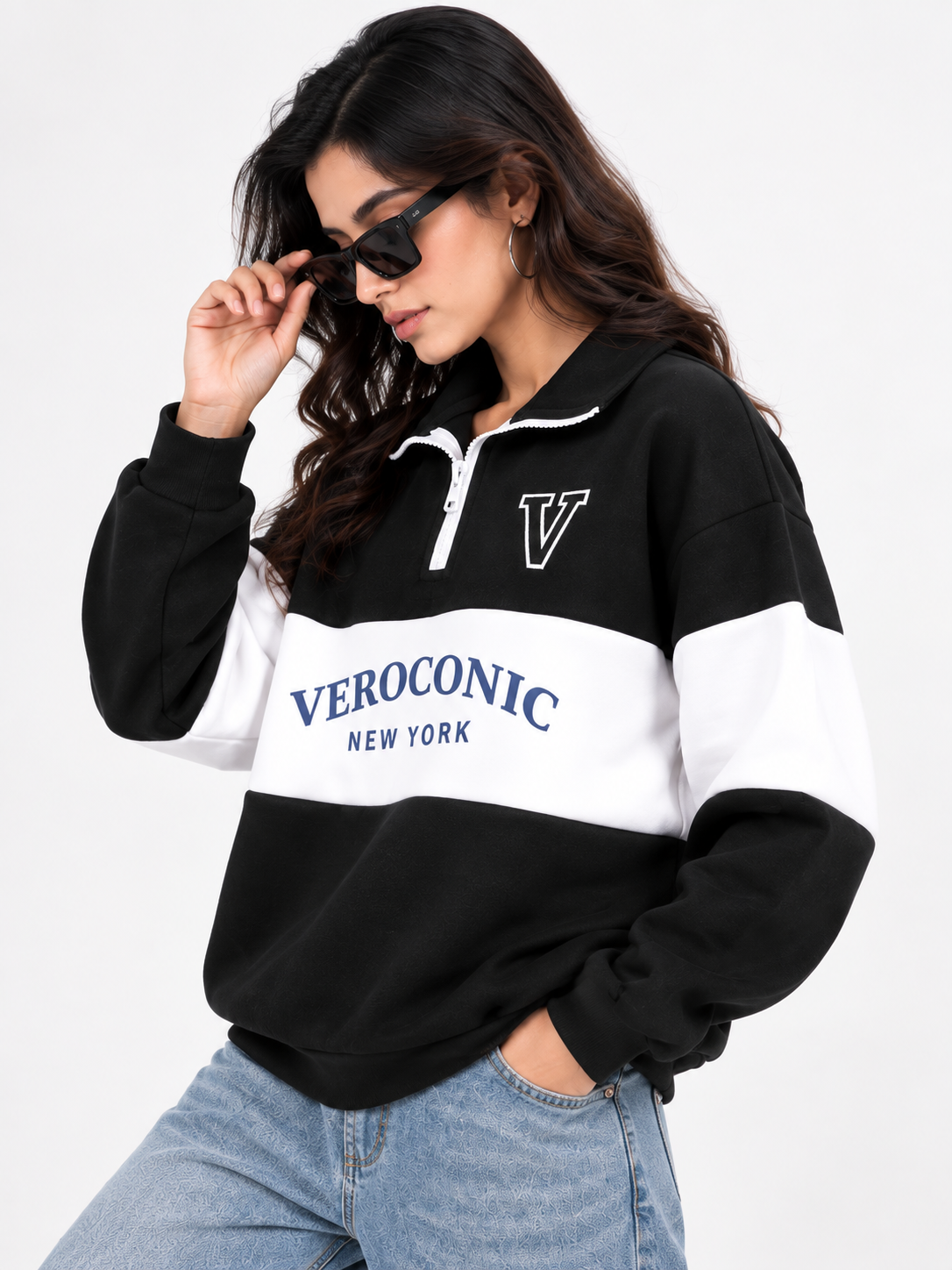 Women Collared Neck Zipper Printed Sweatshirt