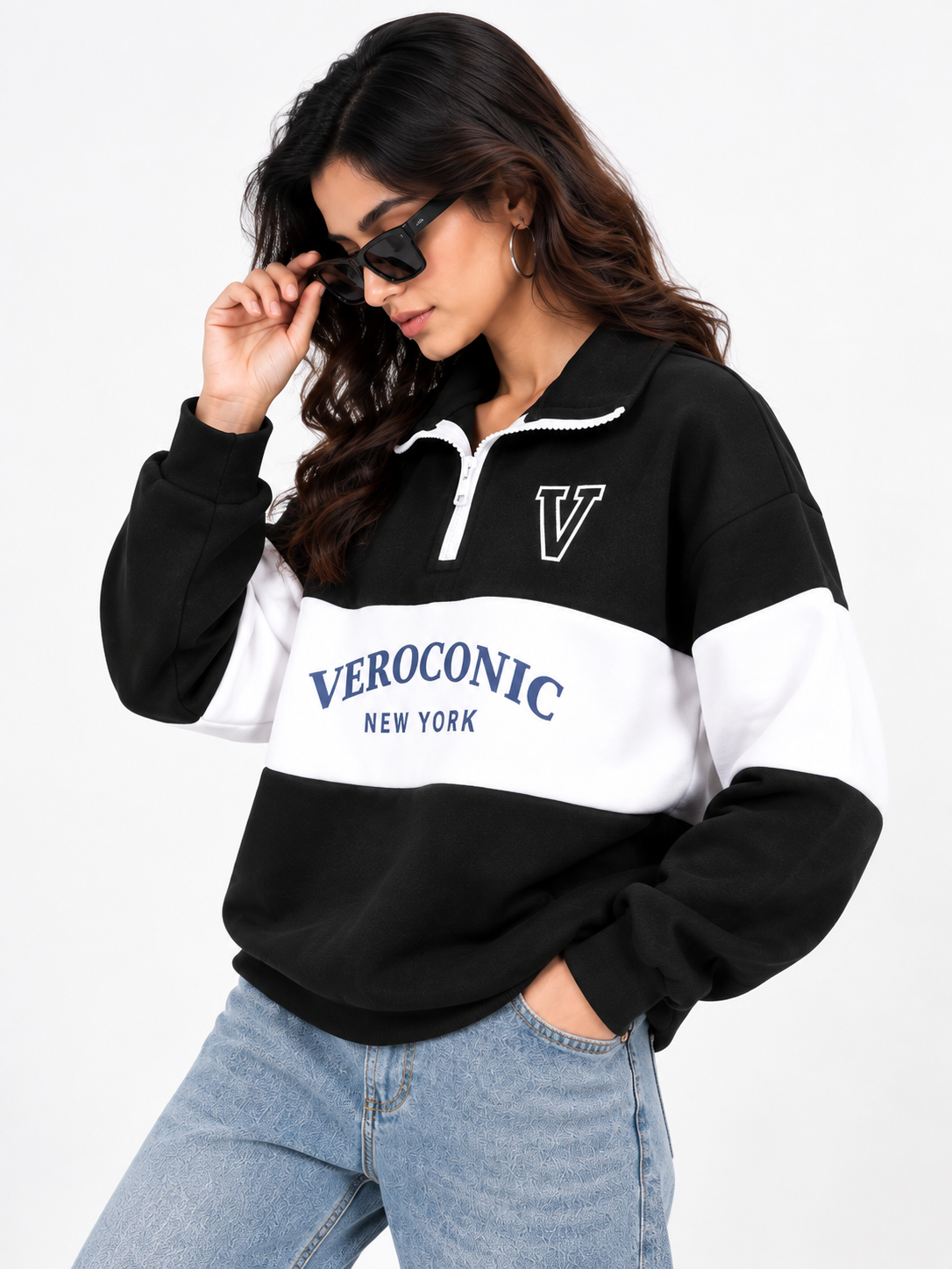 Women Collared Neck Zipper Printed Sweatshirt
