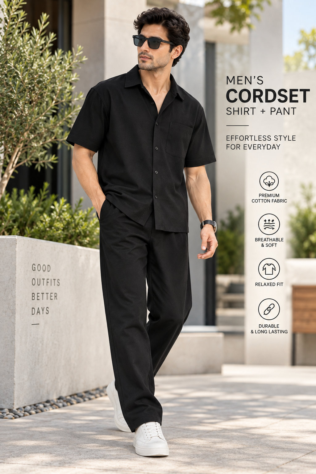 Men Black Cotton Casual Co-Ord Set