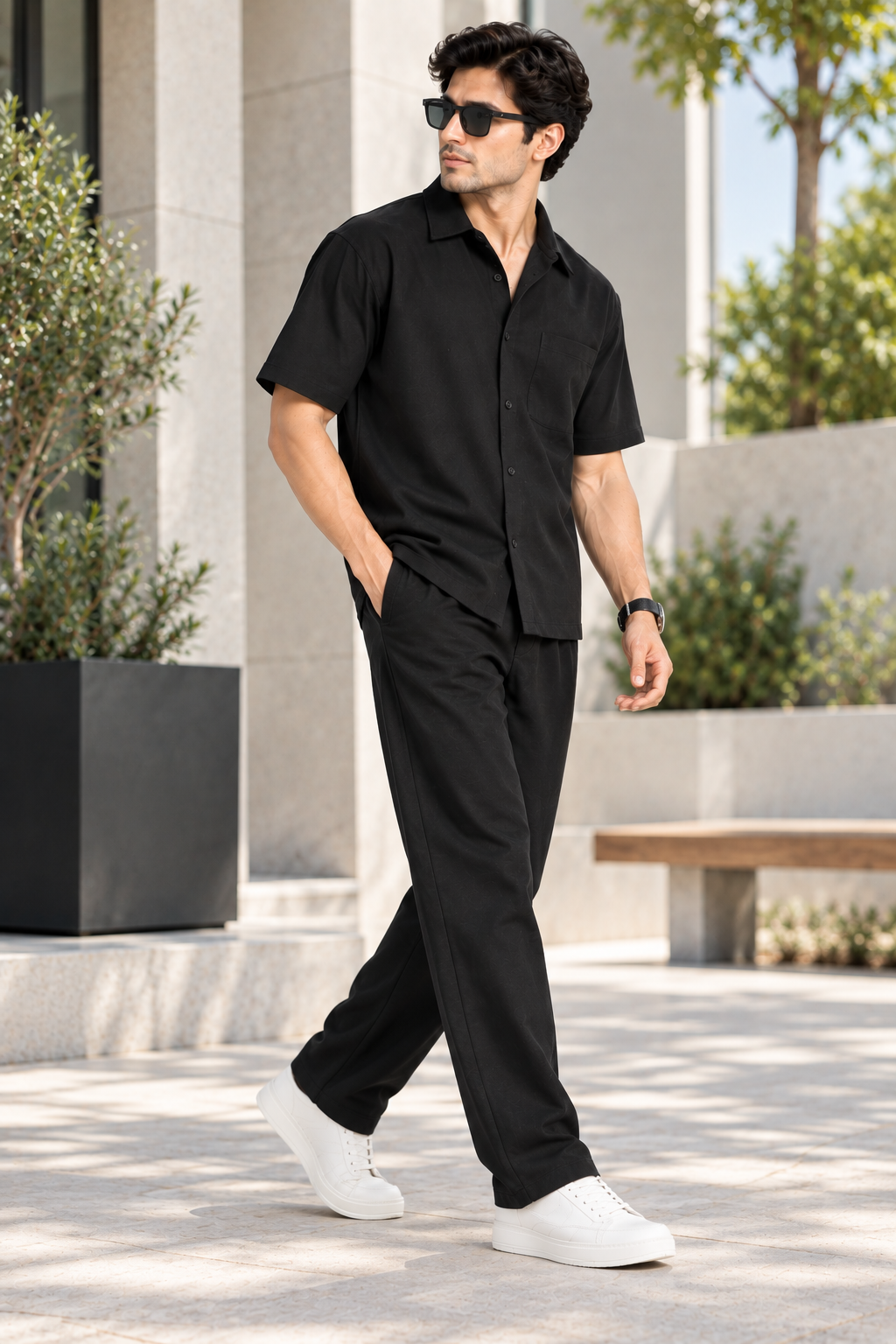 Men Black Cotton Casual Co-Ord Set