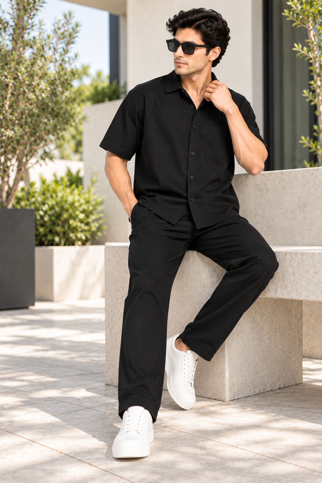Men Black Cotton Casual Co-Ord Set