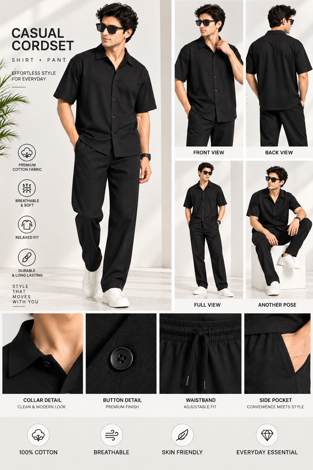 Men Black Cotton Casual Co-Ord Set
