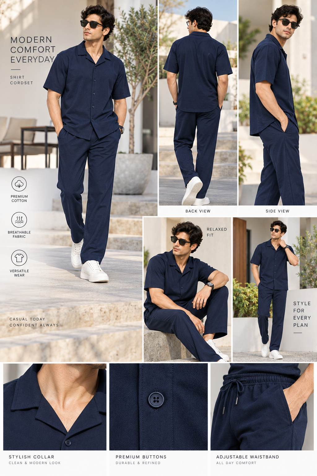 Men Navy Blue Cotton Casual Co-Ord Set