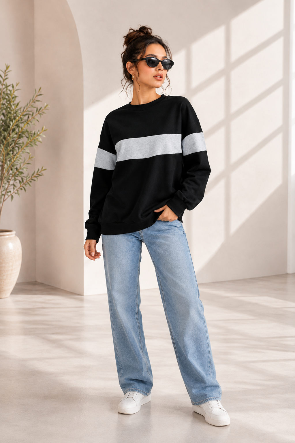 Women Color Block Plain Sweatshirt