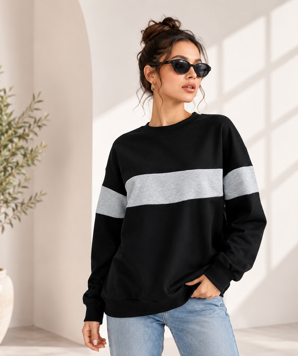 Women Color Block Plain Sweatshirt