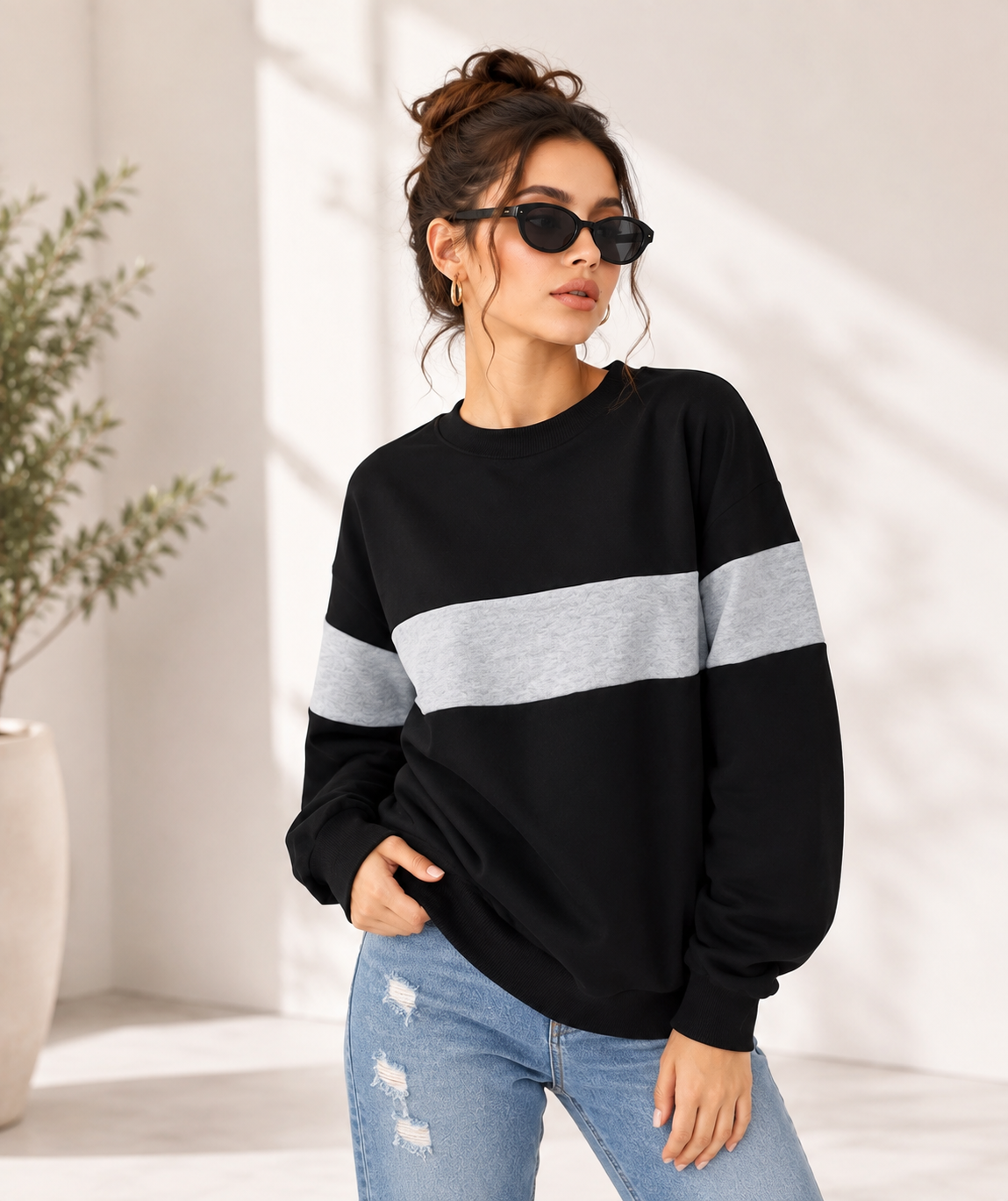 Women Color Block Plain Sweatshirt
