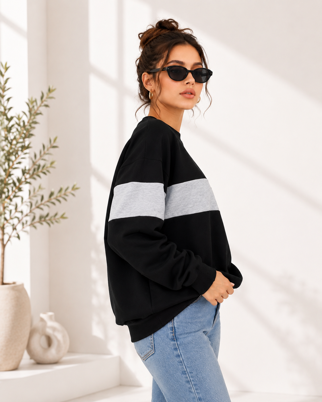Women Color Block Plain Sweatshirt