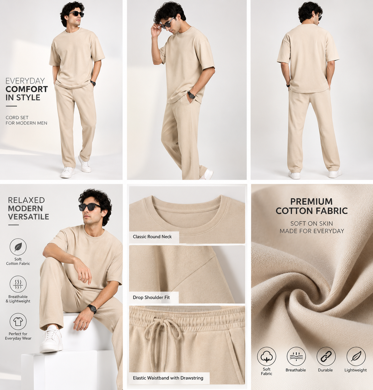 Men Beige Cotton Casual Co-Ord Set