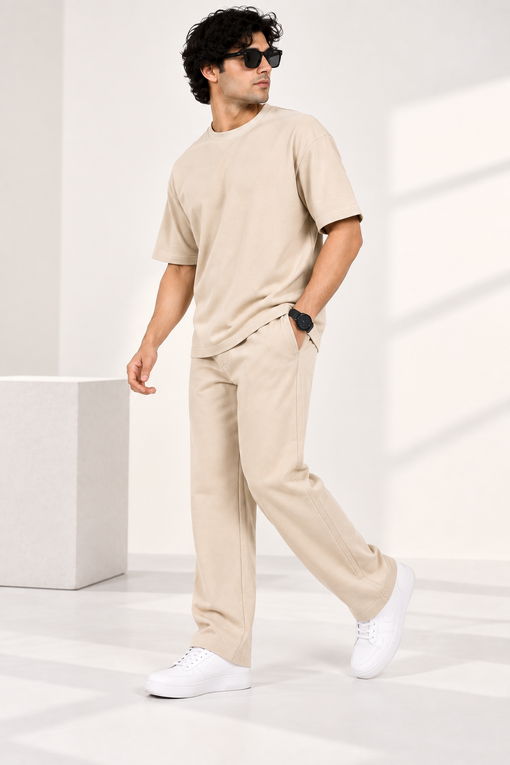 Men Beige Cotton Casual Co-Ord Set