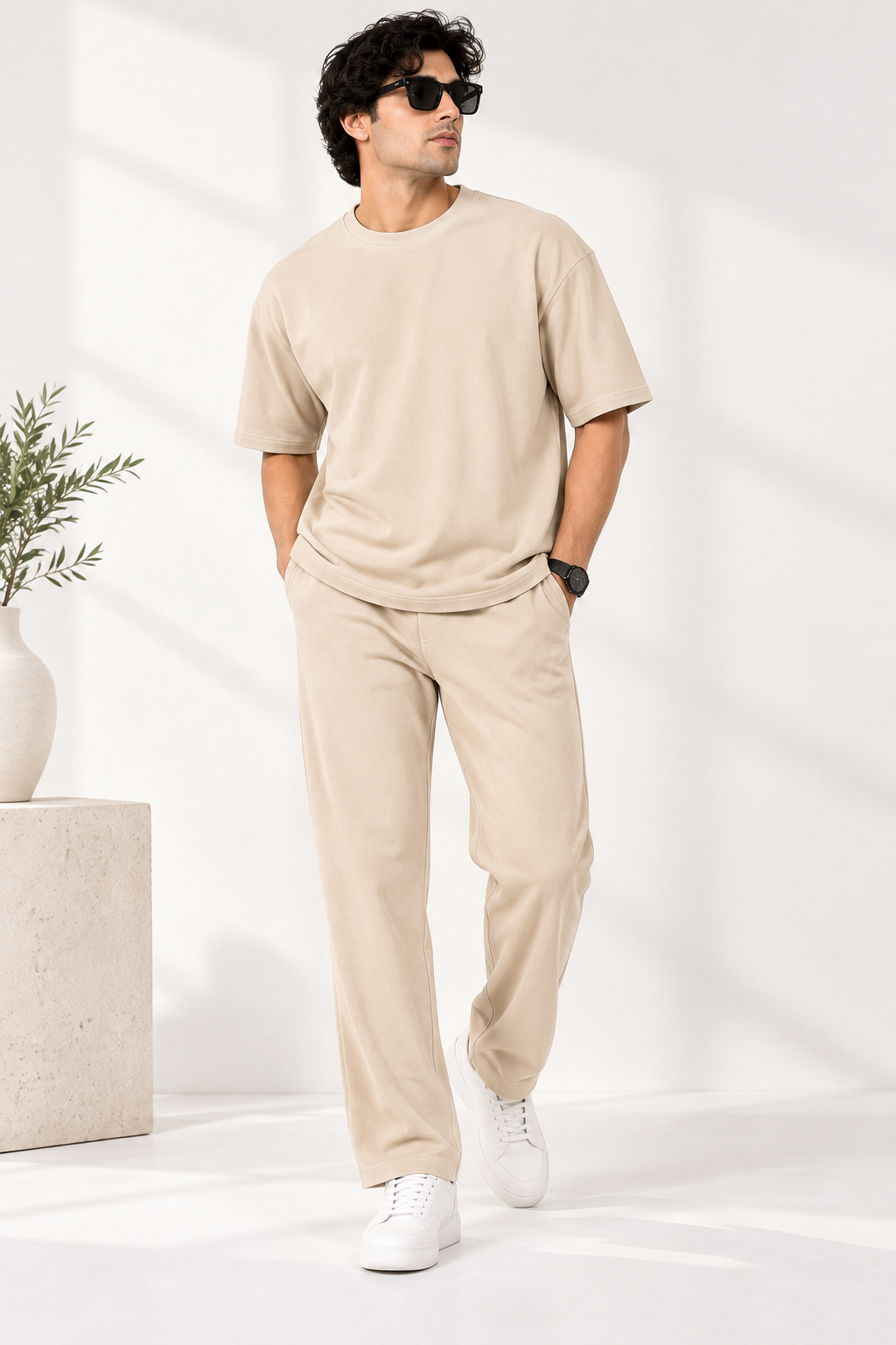 Men Beige Cotton Casual Co-Ord Set