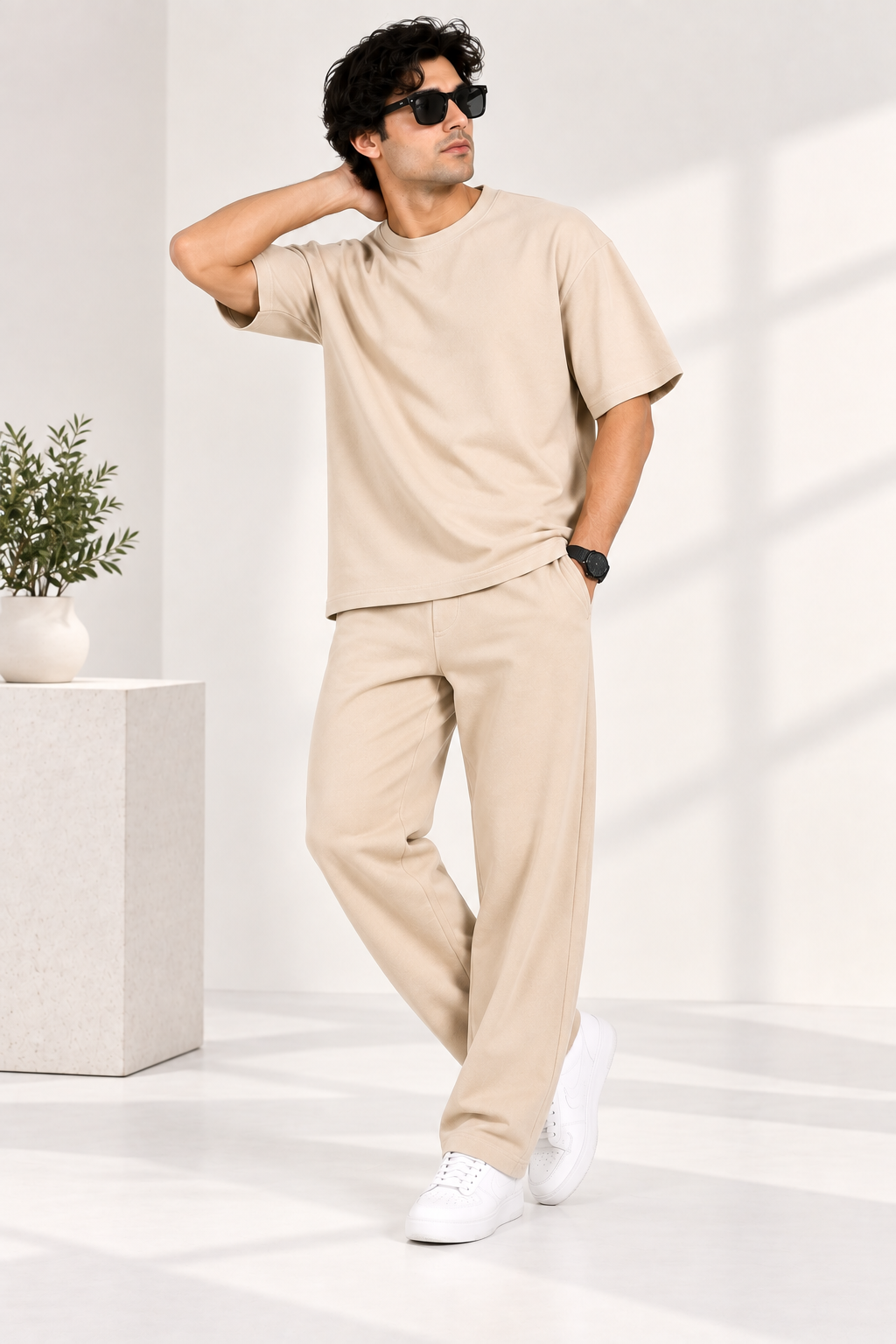 Men Beige Cotton Casual Co-Ord Set