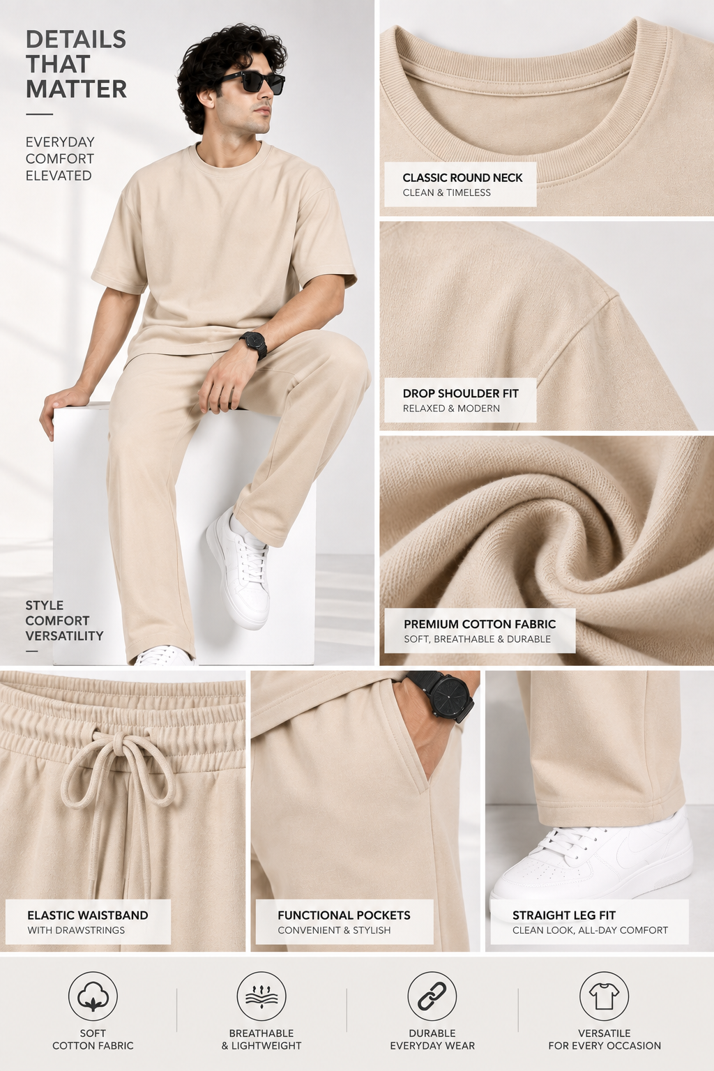 Men Beige Cotton Casual Co-Ord Set