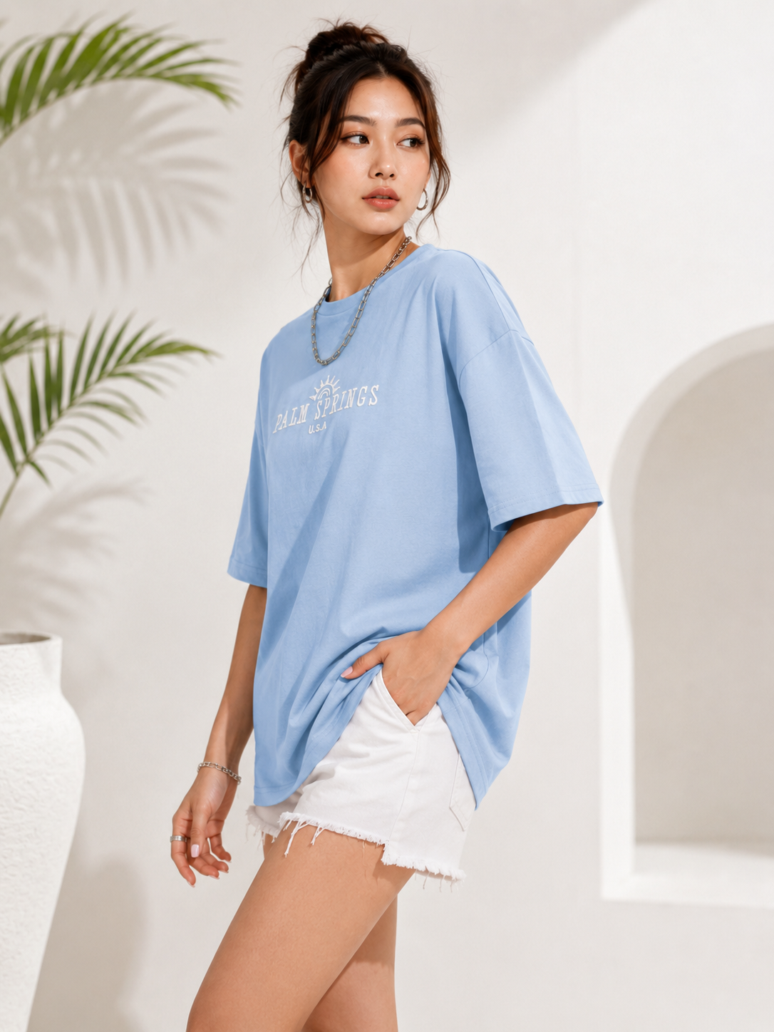 Women Sky Blue Printed Relaxed fit Cotton T-Shirt