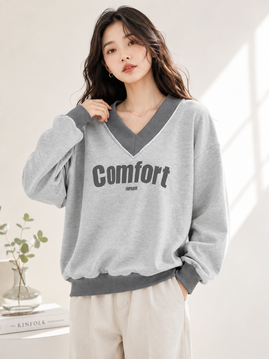 Women V-Neck Printed Sweatshirt
