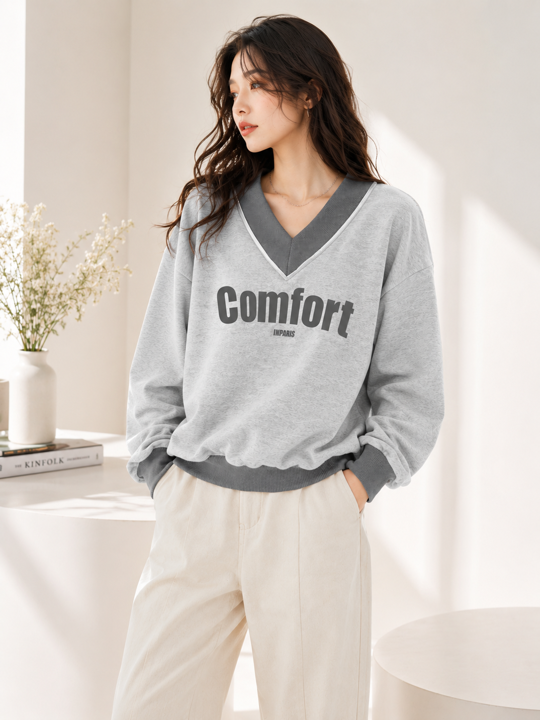 Women V-Neck Printed Sweatshirt